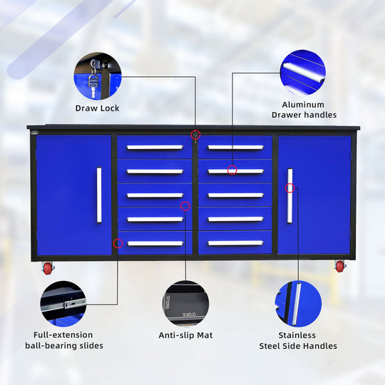 Chery Industrial 7ft 10-drawer Storage Workbench with Wheels