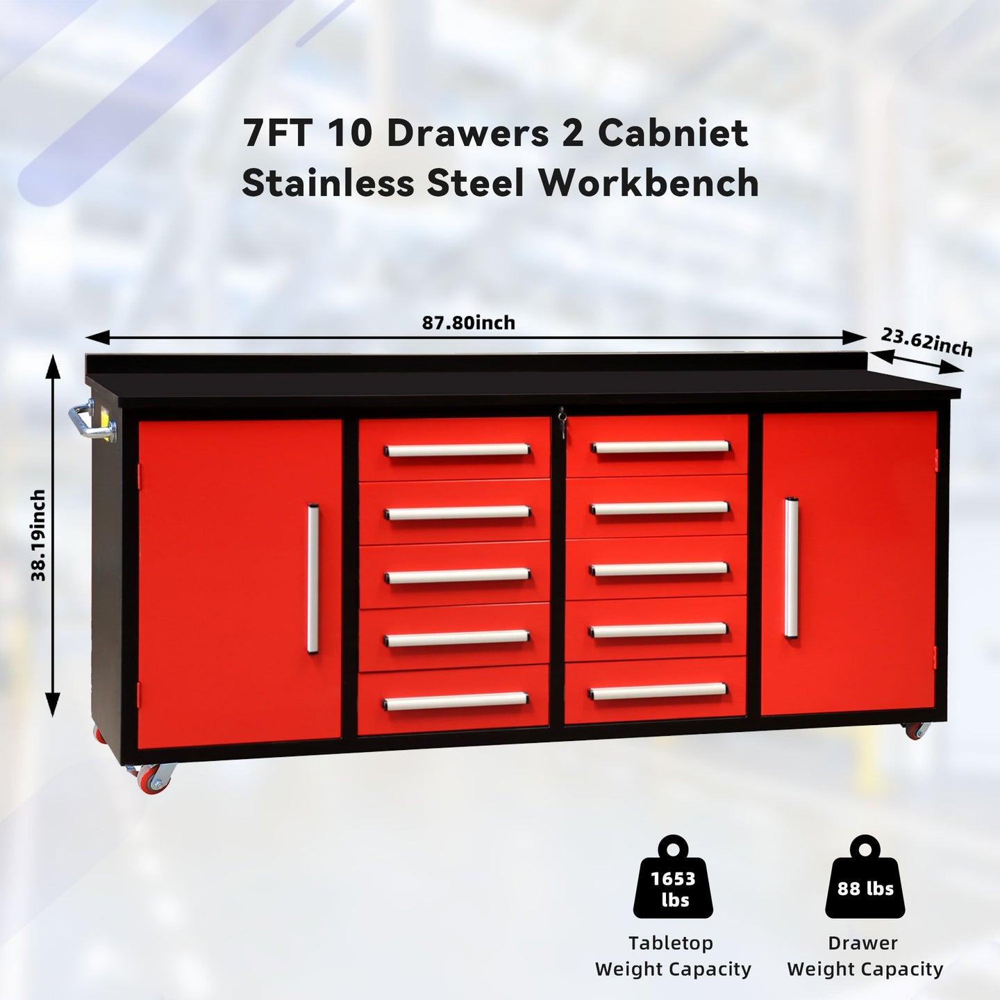 Chery Industrial 7ft 10-drawer Storage Workbench with Wheels