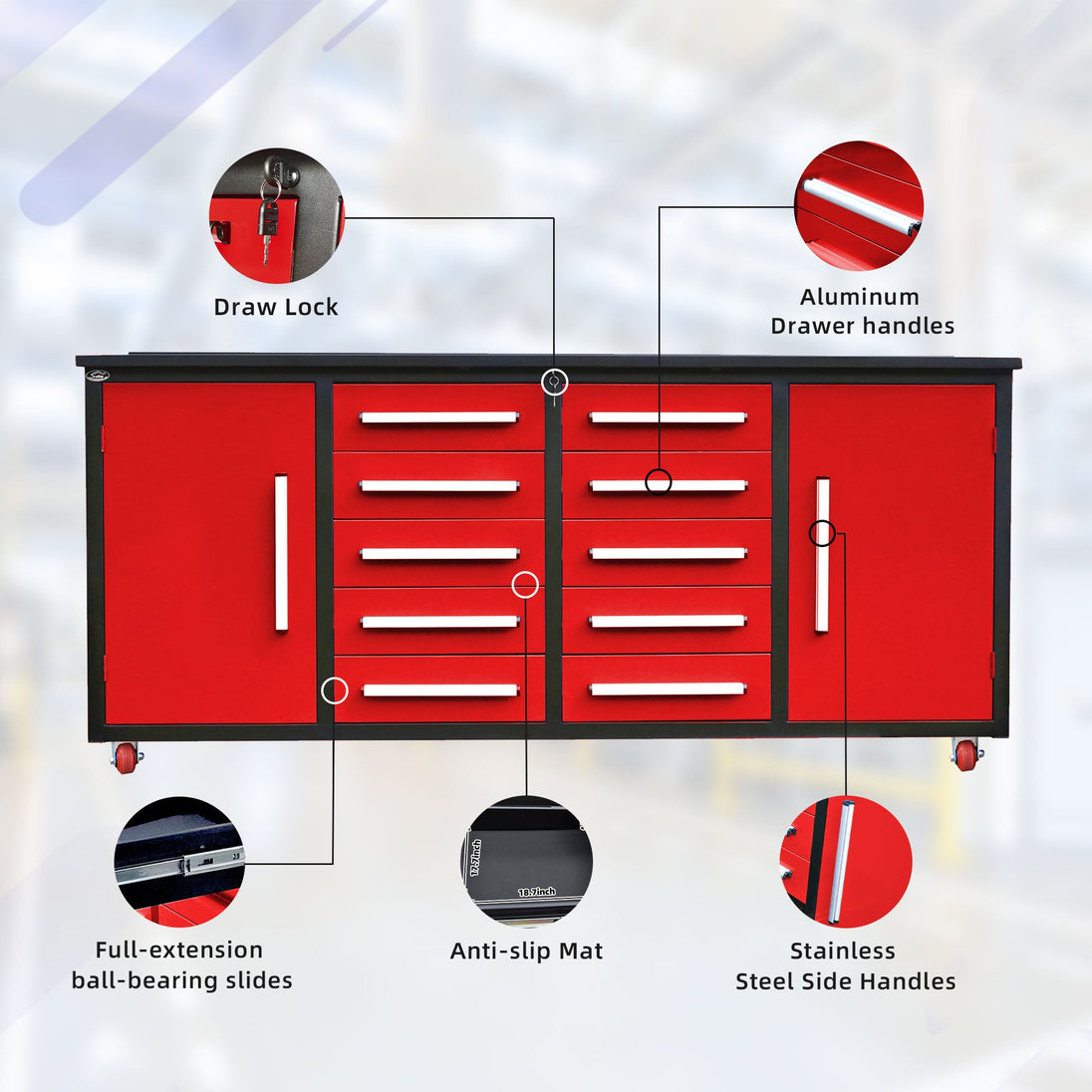Chery Industrial 7ft 10-drawer Storage Workbench with Wheels