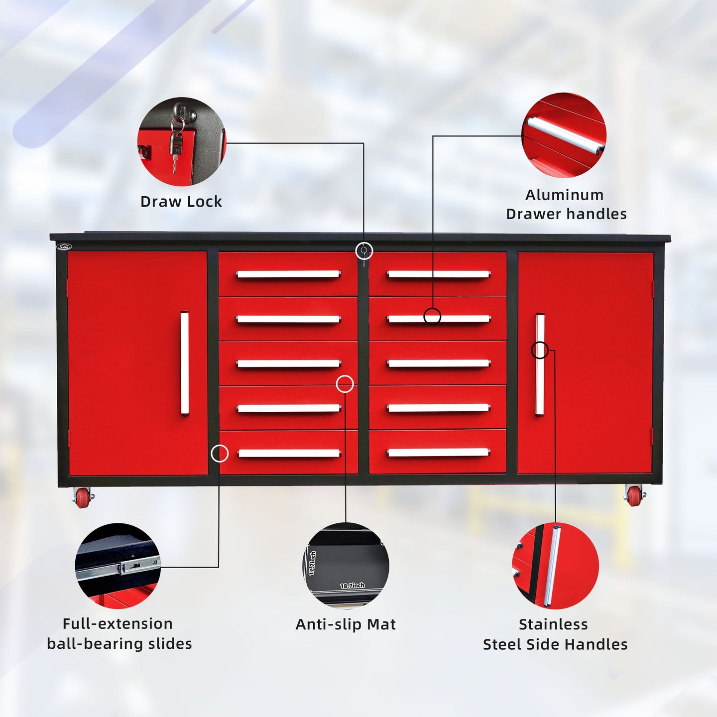 Chery Industrial 7ft 10-drawer Storage Workbench with Wheels