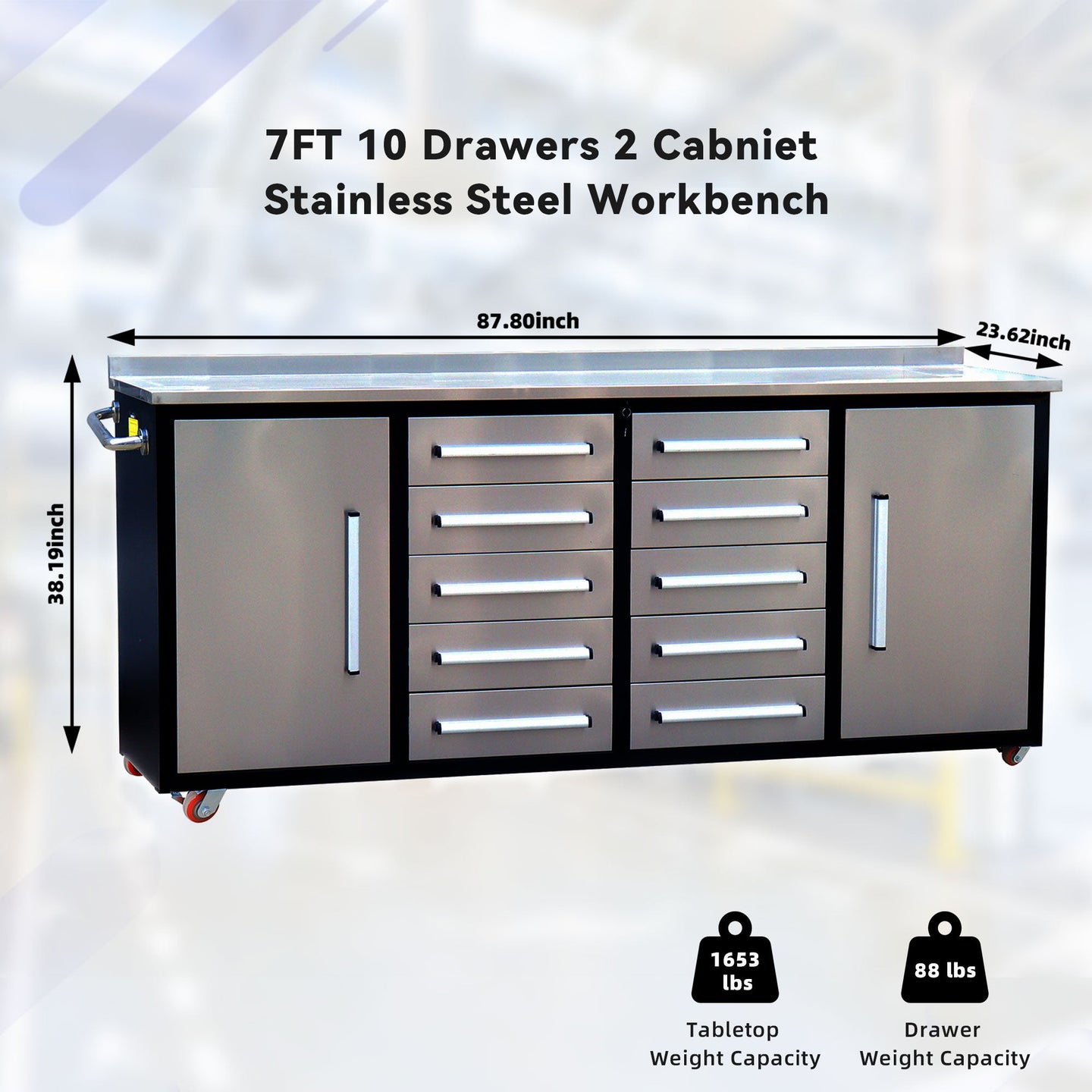Chery Industrial 7ft 10-drawer Storage Workbench with Wheels