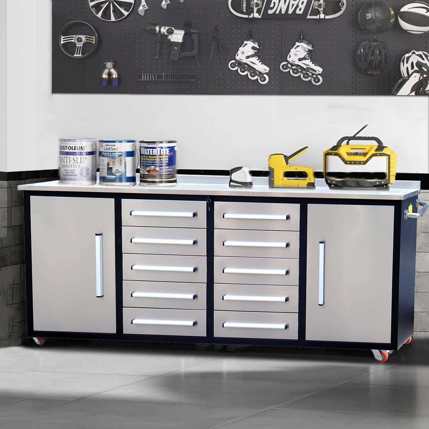 Chery Industrial 7ft 10-drawer Storage Workbench with Wheels