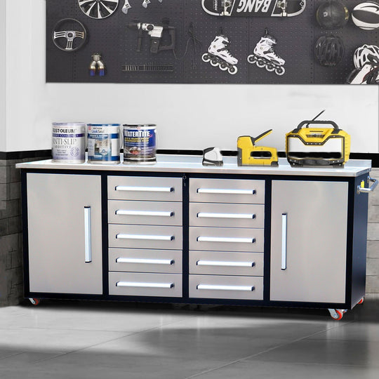 Chery Industrial 7ft 10-drawer Storage Workbench with Wheels