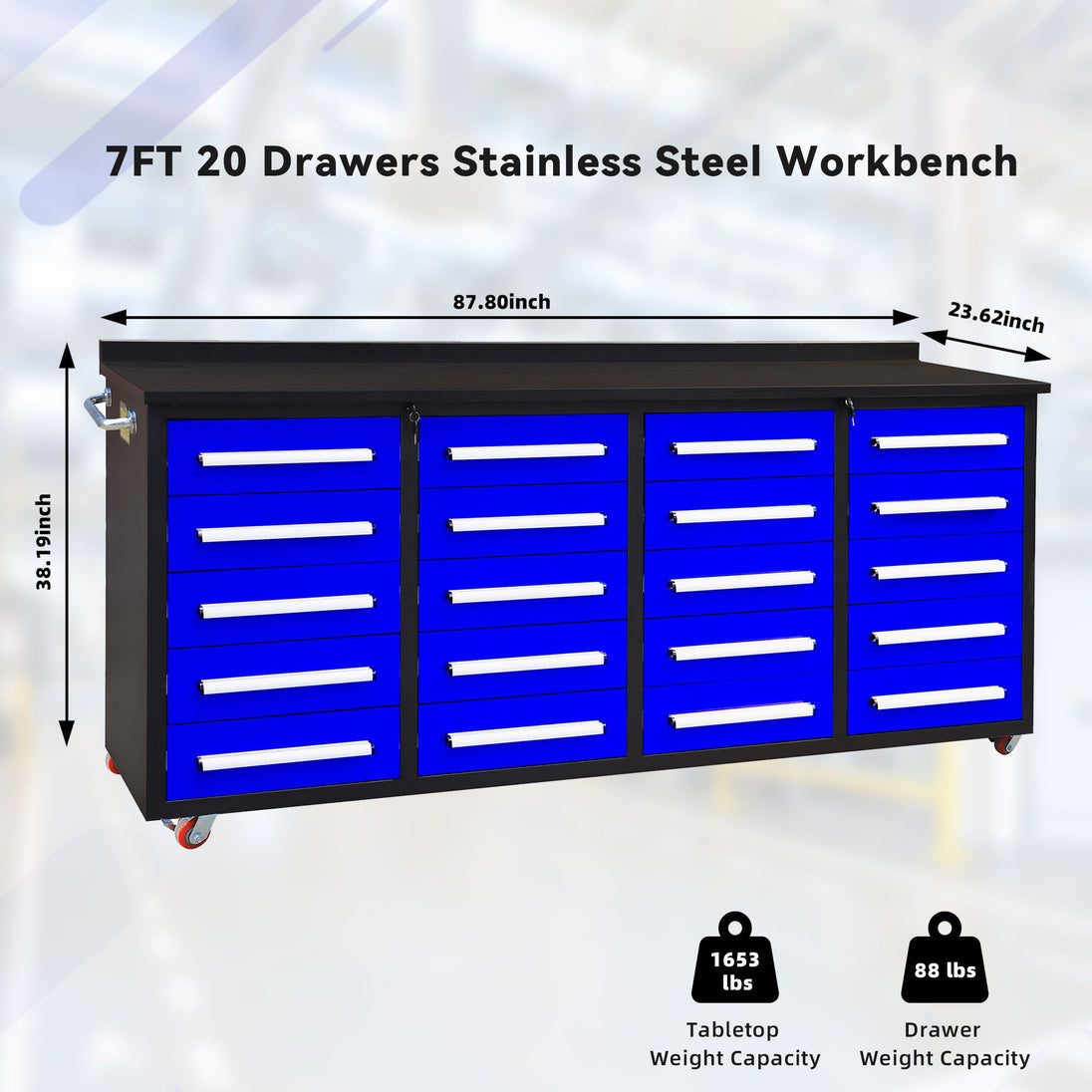 Chery Industrial 7ft 20-Drawer Storage Workbench with Wheels