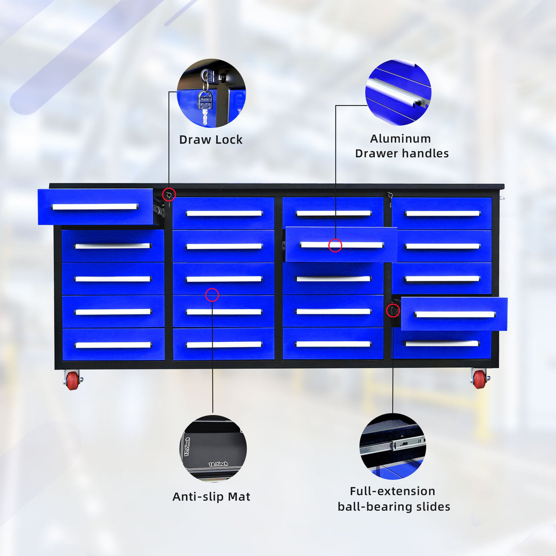 Chery Industrial 7ft 20-Drawer Storage Workbench with Wheels