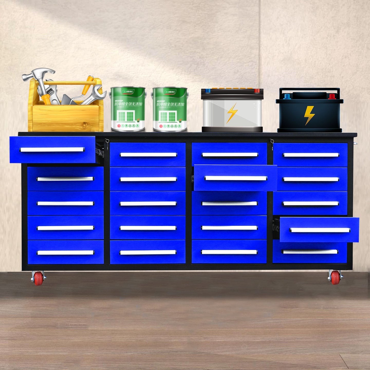 Chery Industrial 7ft 20-Drawer Storage Workbench with Wheels