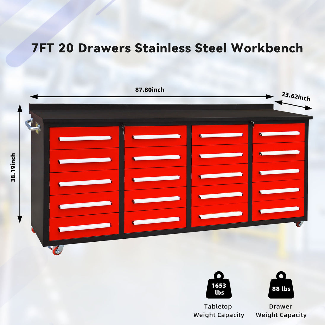 Chery Industrial 7ft 20-Drawer Storage Workbench with Wheels