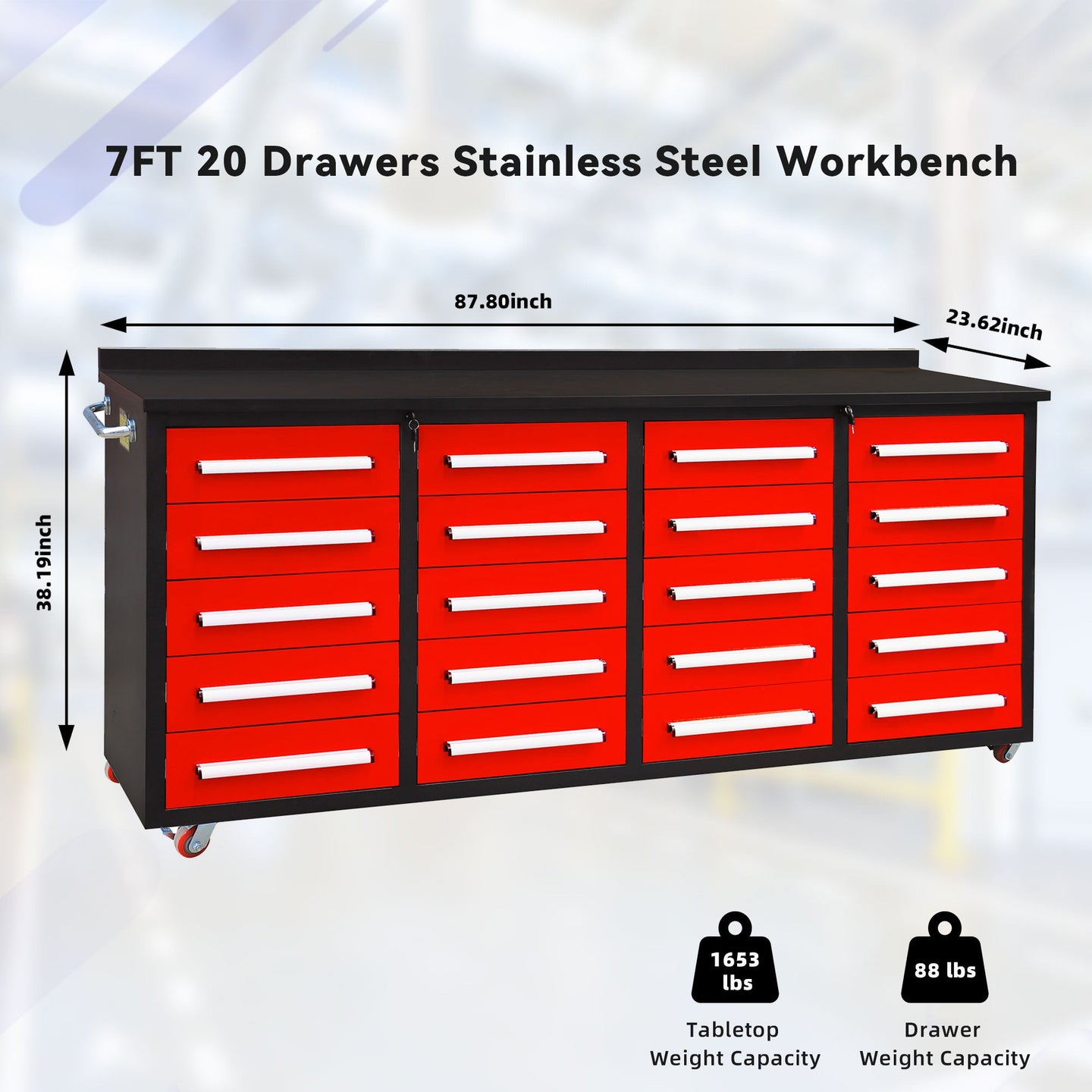 Chery Industrial 7ft 20-Drawer Storage Workbench with Wheels