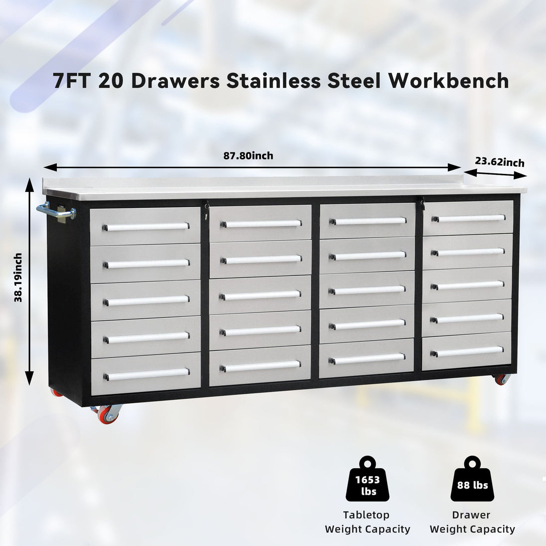 Chery Industrial 7ft 20-Drawer Storage Workbench with Wheels