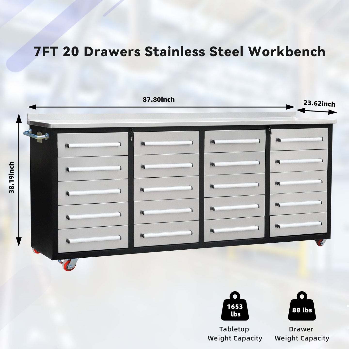 Chery Industrial 7ft 20-Drawer Storage Workbench with Wheels