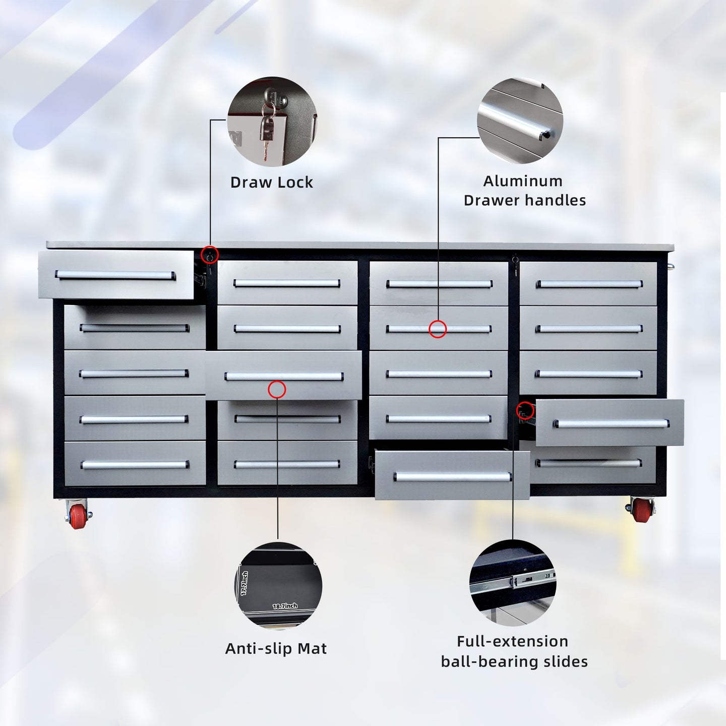 Chery Industrial 7ft 20-Drawer Storage Workbench with Wheels