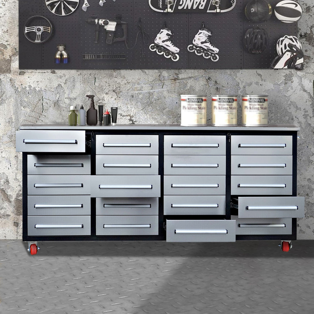 Chery Industrial 7ft 20-Drawer Storage Workbench with Wheels
