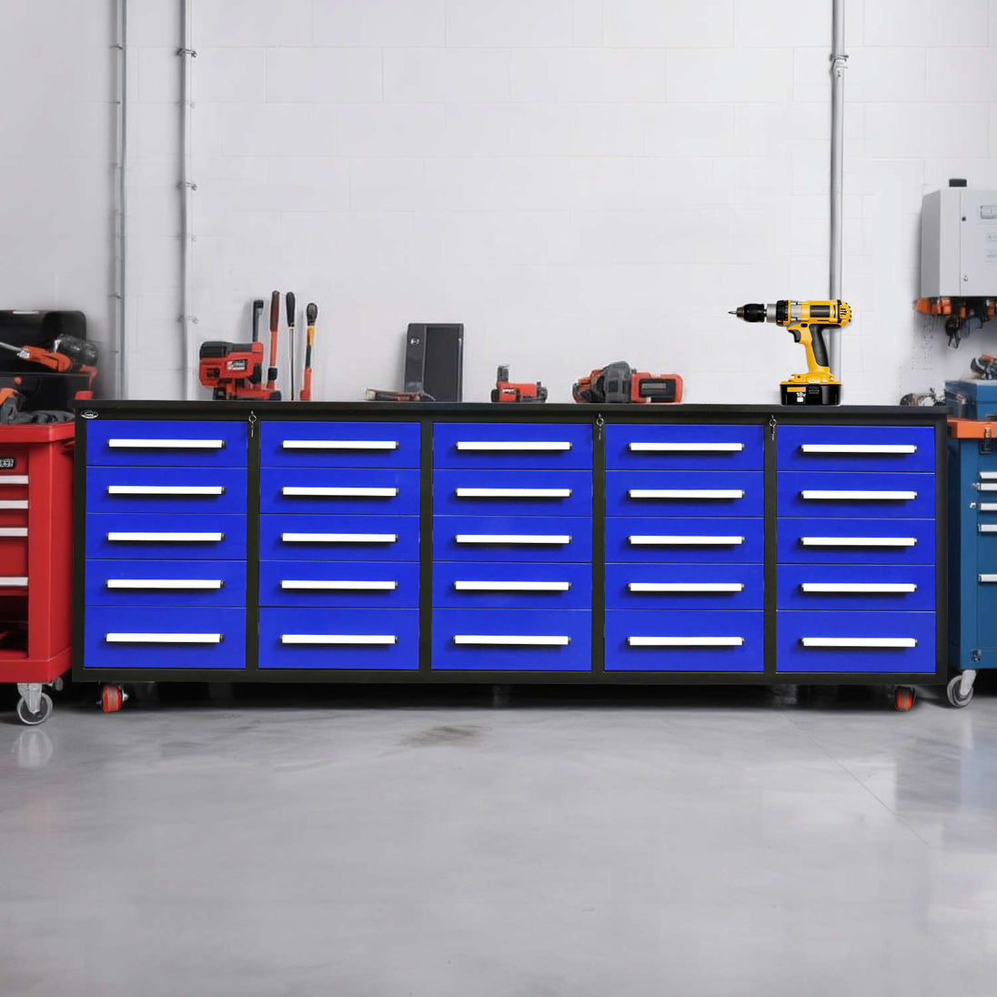 Chery Industrial 10ft 25-Drawer Storage Workbench with Wheels