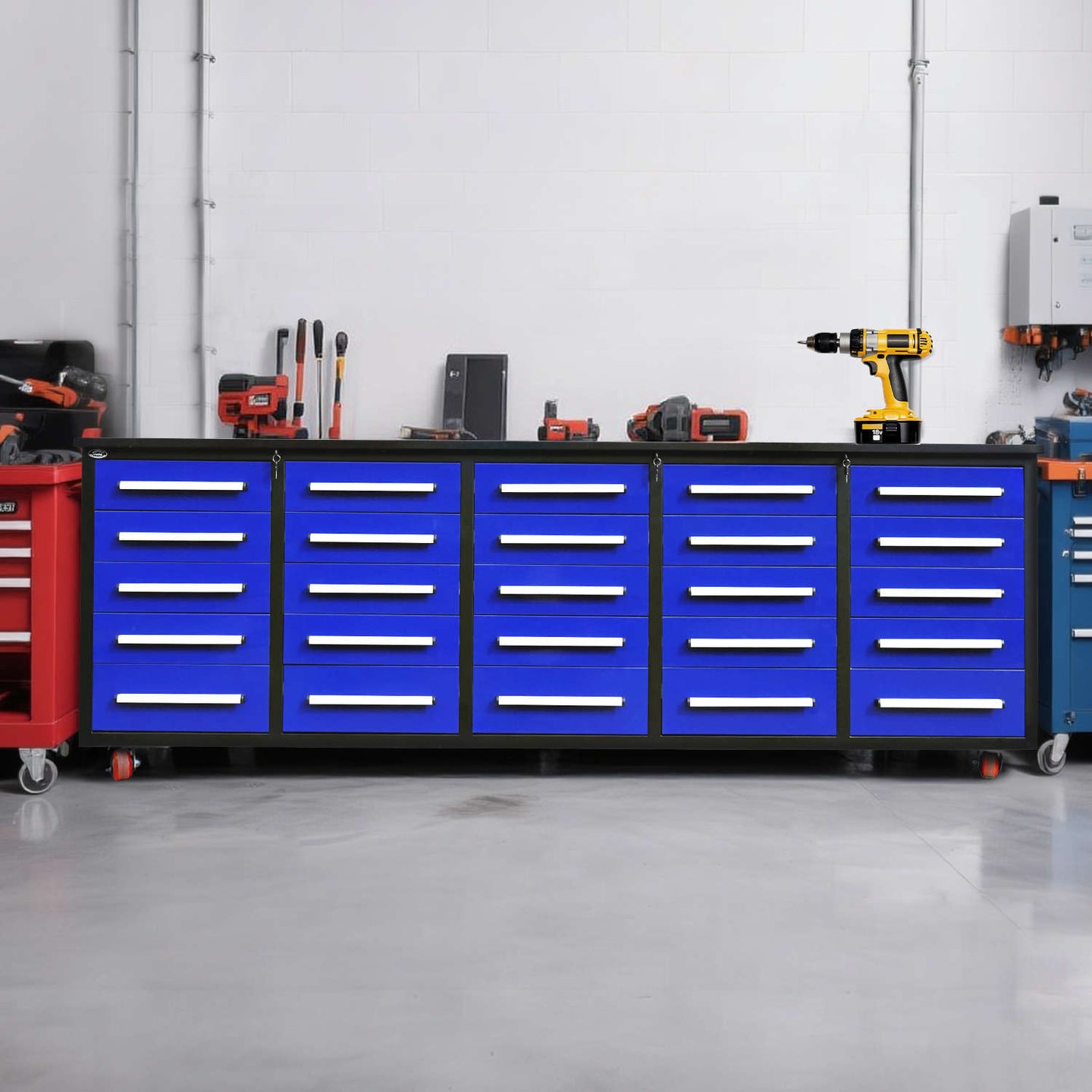 Chery Industrial 10ft 25-Drawer Storage Workbench with Wheels