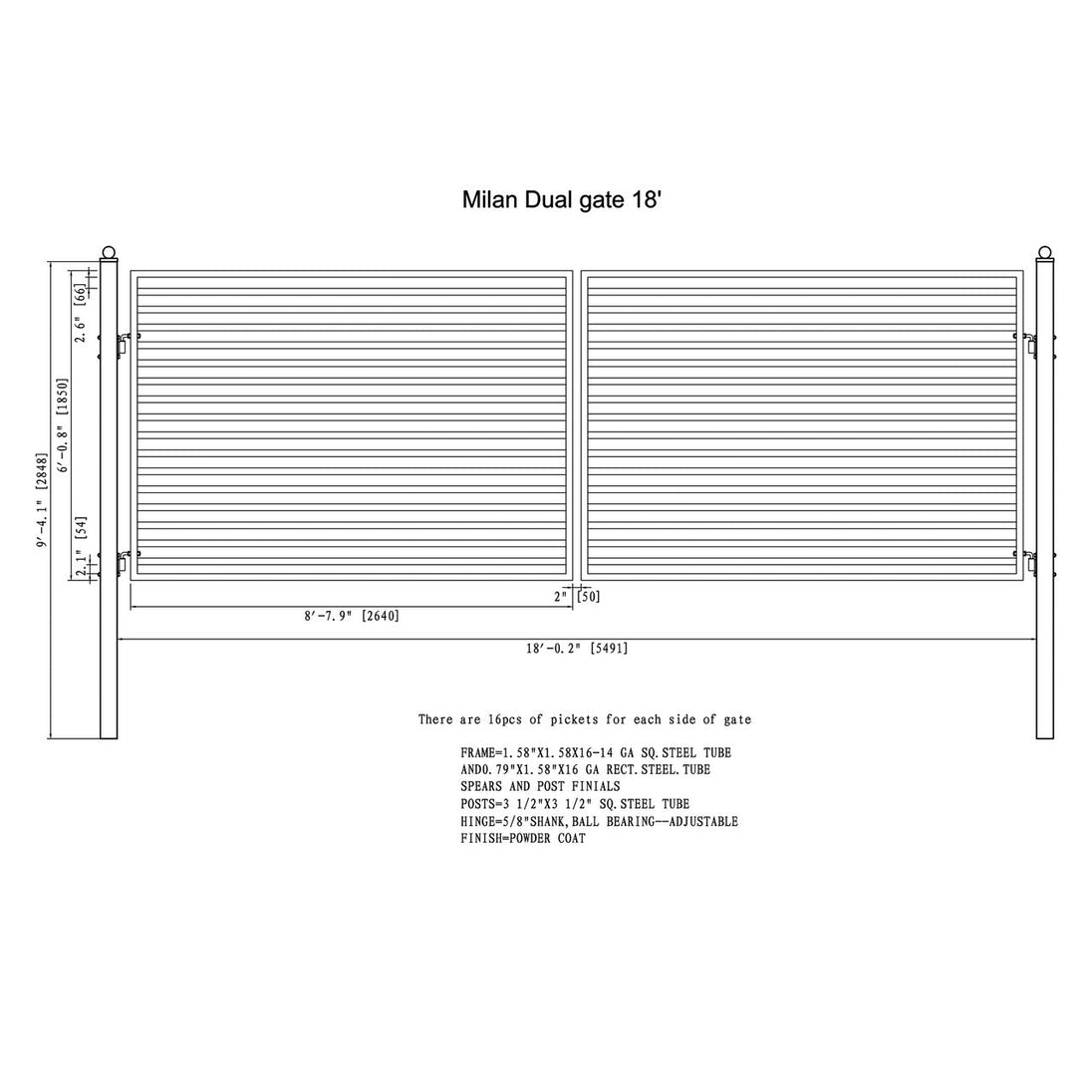Chery Industrial 18x6 ft Steel Dual Swing Driveway Gate - MILAN Style