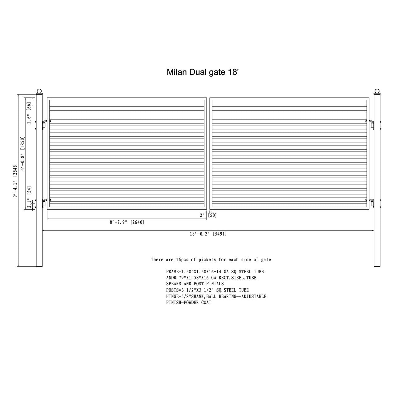 Chery Industrial 18x6 ft Steel Dual Swing Driveway Gate - MILAN Style