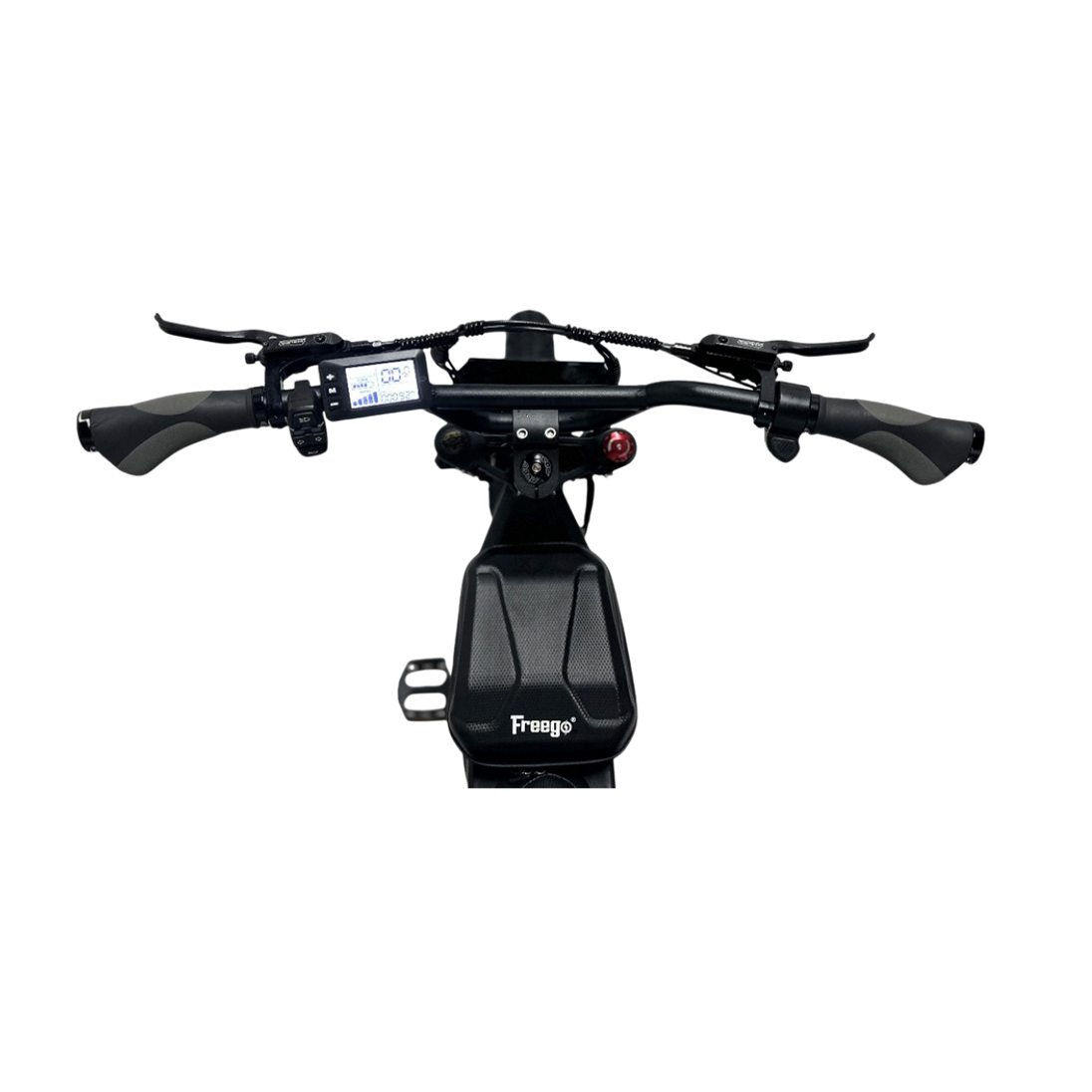 Black motorcycle handlebar with digital display on a white background