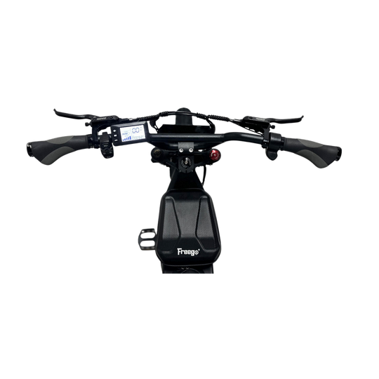 Black motorcycle handlebar with digital display on a white background
