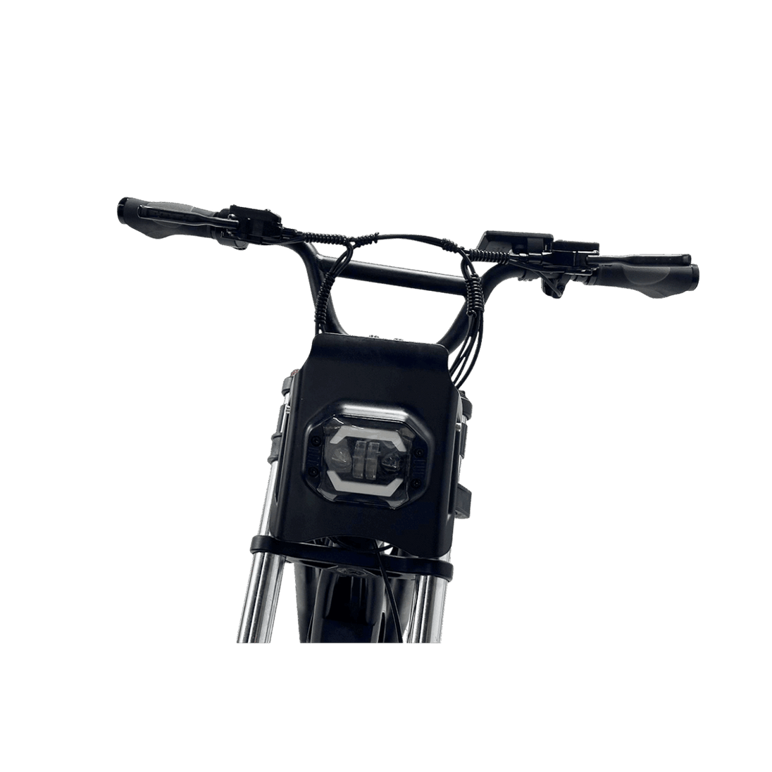 Close-up of a motorcycle handlebar with a headlight on a gray background