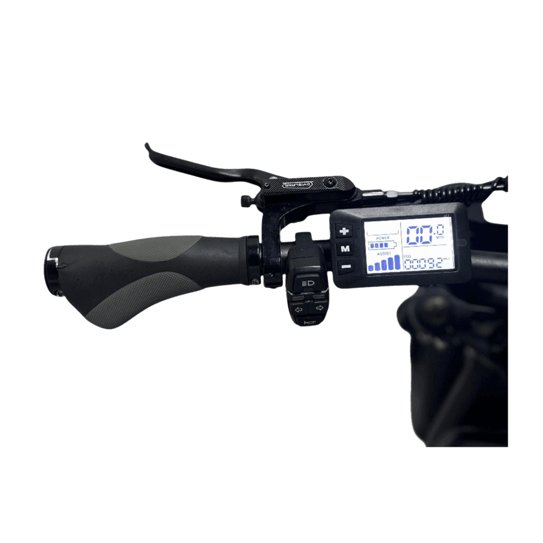 Close-up of a motorcycle handlebar with digital display on a gray background