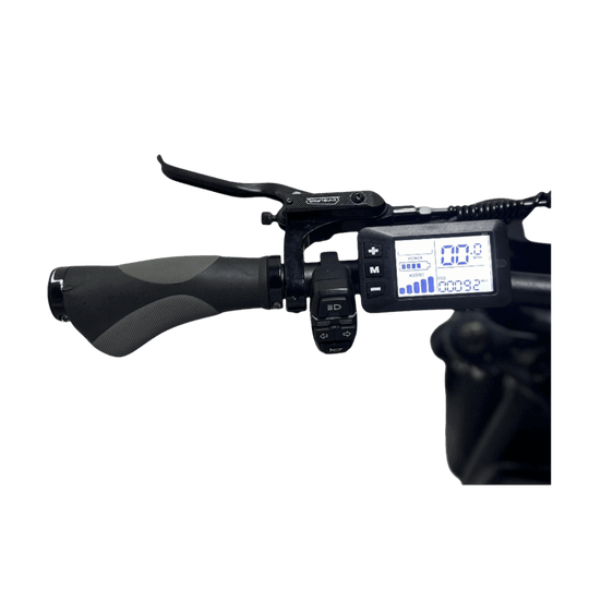 Close-up of a motorcycle handlebar with digital display on a gray background