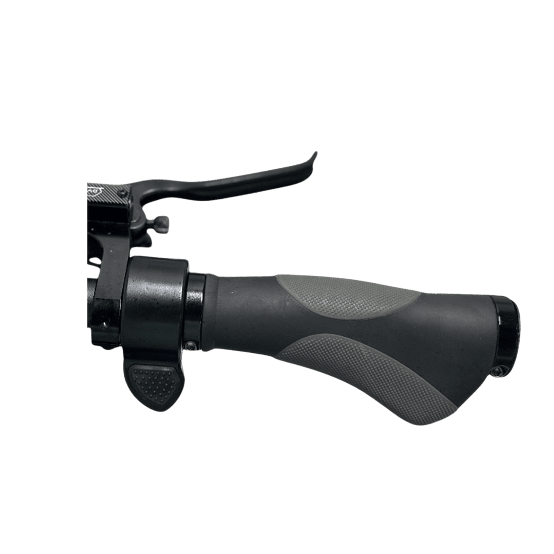 Close-up of a motorcycle handlebar grip and brake lever on a gray background