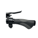 Close-up of a motorcycle handlebar grip and brake lever on a gray background