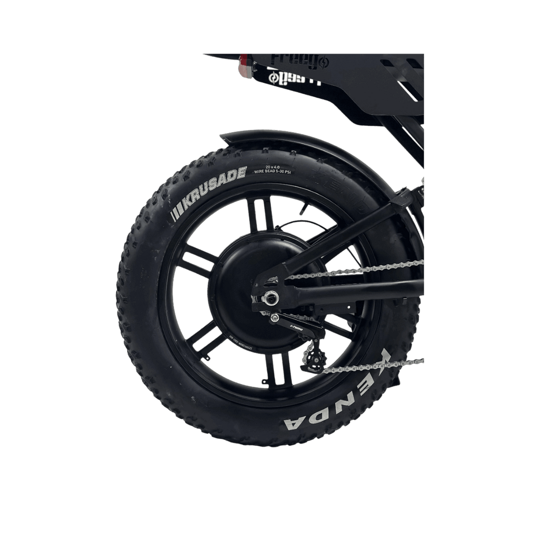 Close-up of a bicycle wheel with 'Kruusade' and 'Enda' branding on a light gray background