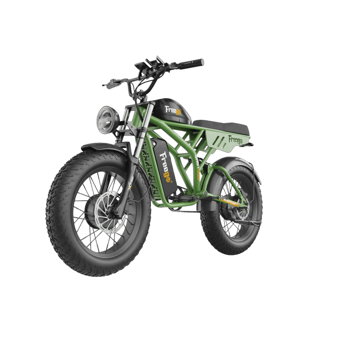 Green electric bike with 'Freewave' branding on a gray background