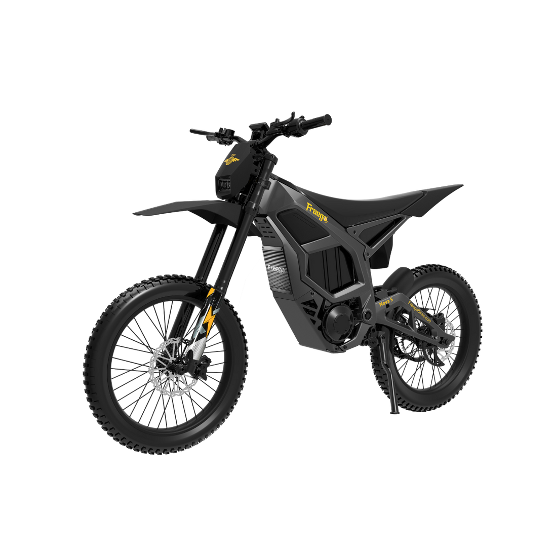 Front angle shot of the Freego Nova 5 Pro black model, showcasing the front fork suspension and aggressive mountain e-bike aesthetics