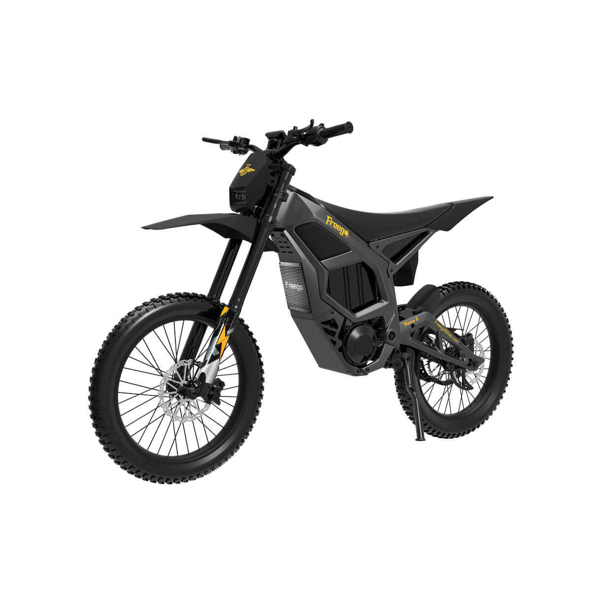 Front angle shot of the Freego Nova 5 Pro black model, showcasing the front fork suspension and aggressive mountain e-bike aesthetics