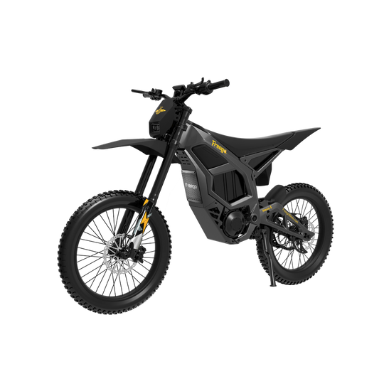 Front angle shot of the Freego Nova 5 Pro black model, showcasing the front fork suspension and aggressive mountain e-bike aesthetics
