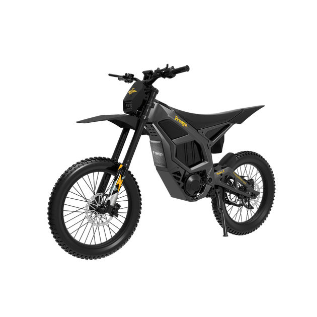 Front angle shot of the Freego Nova 5 Pro black model, showcasing the front fork suspension and aggressive mountain e-bike aesthetics