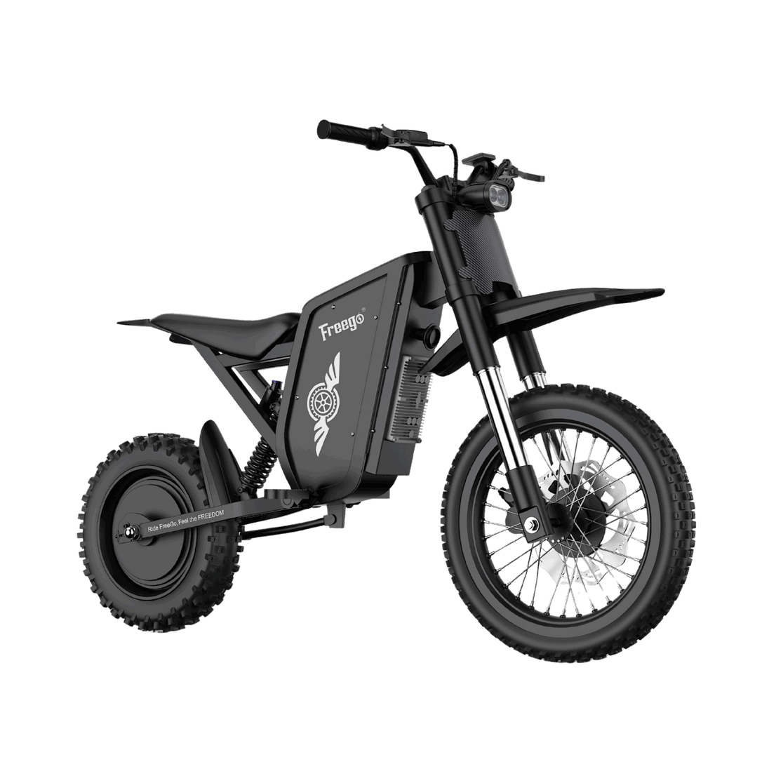 Freego X0 electric mini dirt bike for teens and adults, featuring a high-performance 3600W peak motor and full suspension, isolated on a transparent background.