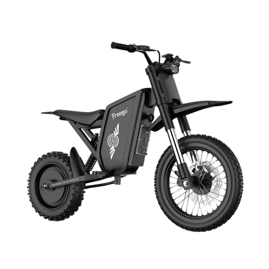 Freego X0 electric mini dirt bike for teens and adults, featuring a high-performance 3600W peak motor and full suspension, isolated on a transparent background.