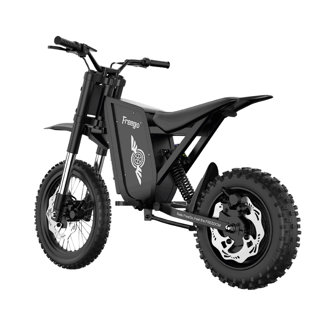 Three-quarter view of the Freego X0 electric mini dirt bike, showcasing the ergonomic seat and durable frame for off-road riding.