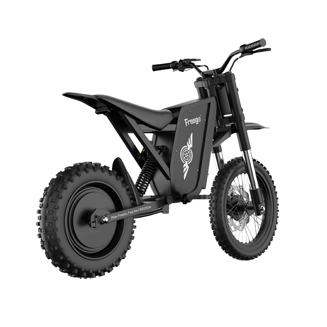 Rear perspective of Freego X0 electric mini bike, highlighting the powerful motor and sleek black frame design.