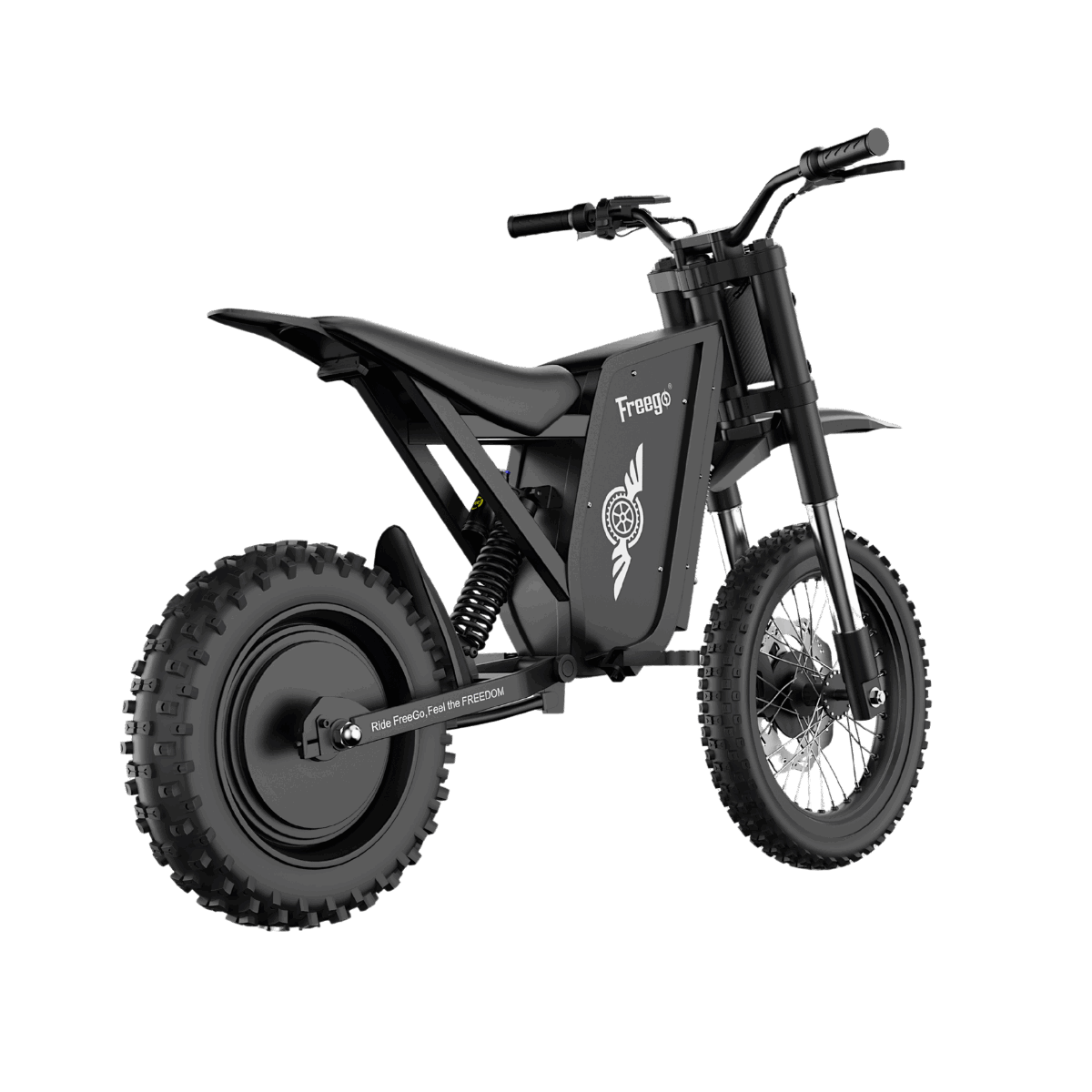 Rear perspective of Freego X0 electric mini bike, highlighting the powerful motor and sleek black frame design.