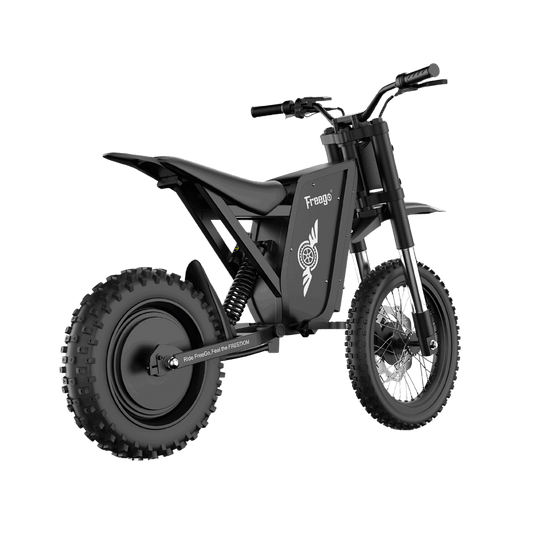 Rear perspective of Freego X0 electric mini bike, highlighting the powerful motor and sleek black frame design.