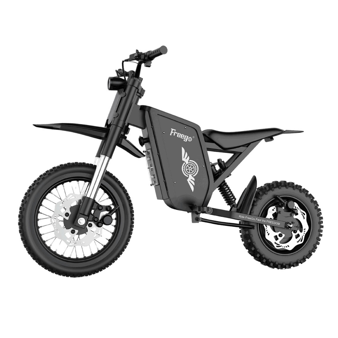 Left side view of Freego X0 electric mini motorcycle, featuring robust off-road tires and full suspension, isolated on transparent background.