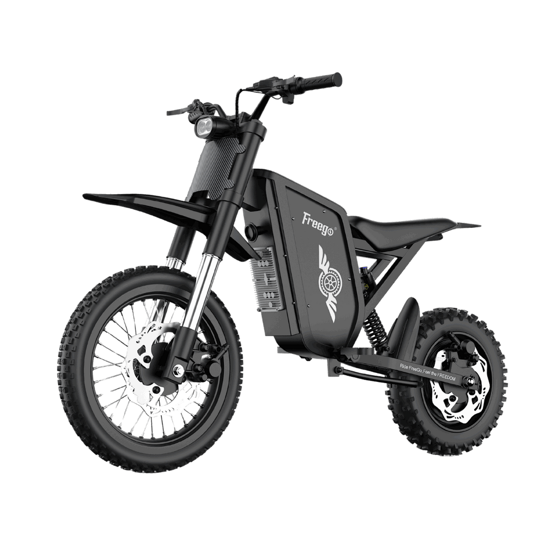 Side-profile view of Freego X0 electric mini dirt bike in black, high-performance E-bike for teens and adults on transparent background.