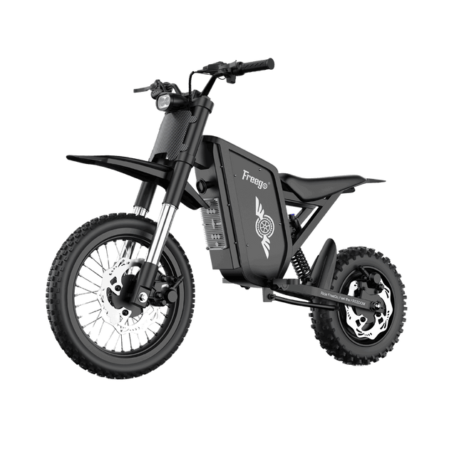 Side-profile view of Freego X0 electric mini dirt bike in black, high-performance E-bike for teens and adults on transparent background.
