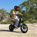 Teen rider on Freego X0 electric mini bike navigating rocky terrain with off-road tires and forest backdrop