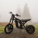 Full side view of the Freego X0 electric mini bike in an outdoor setting, highlighting the dual-crown front fork.