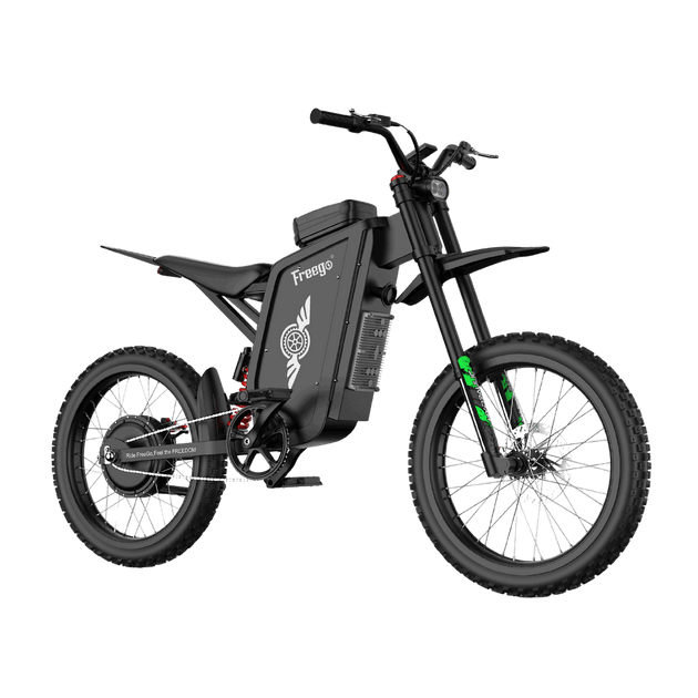 Three-quarter view of black Freego X3 all-terrain electric bike, built for high-performance off-road racing.