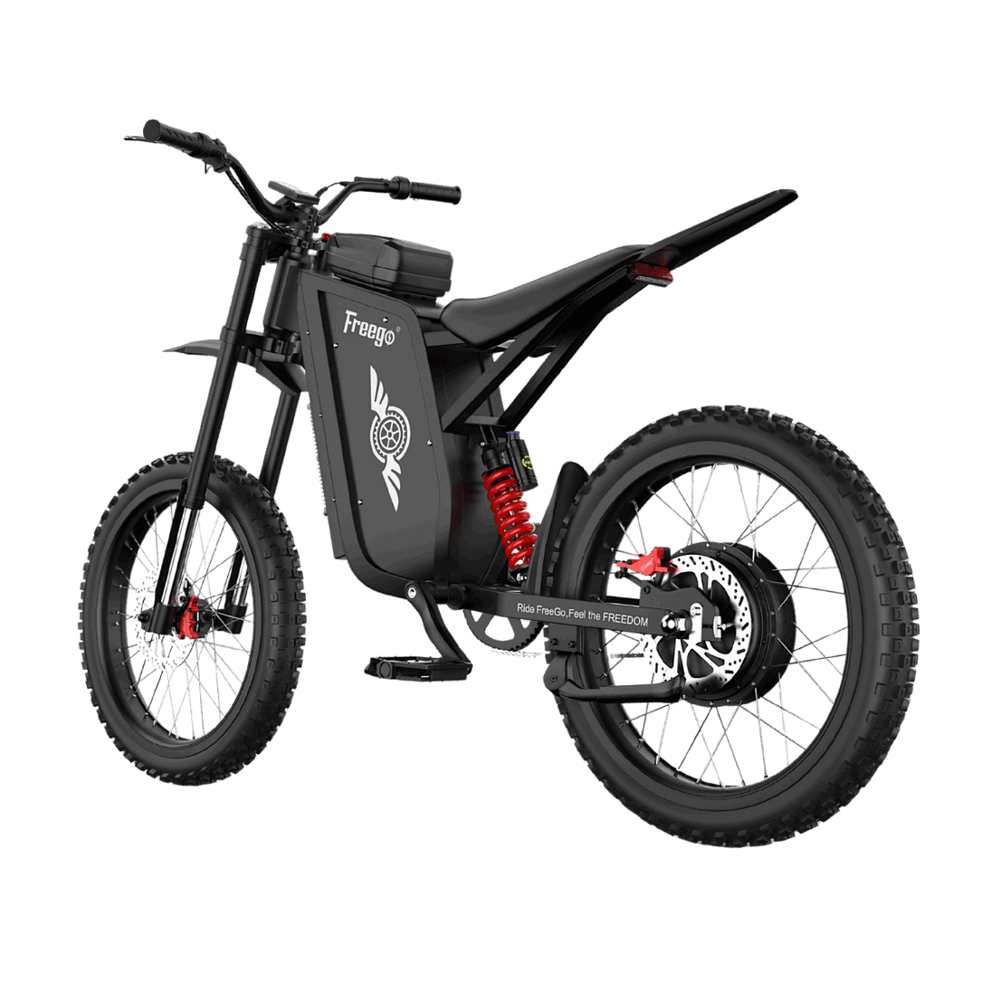 Rear three-quarter view of Freego X3 e-bike showing the high-strength steel frame and all-terrain tires.
