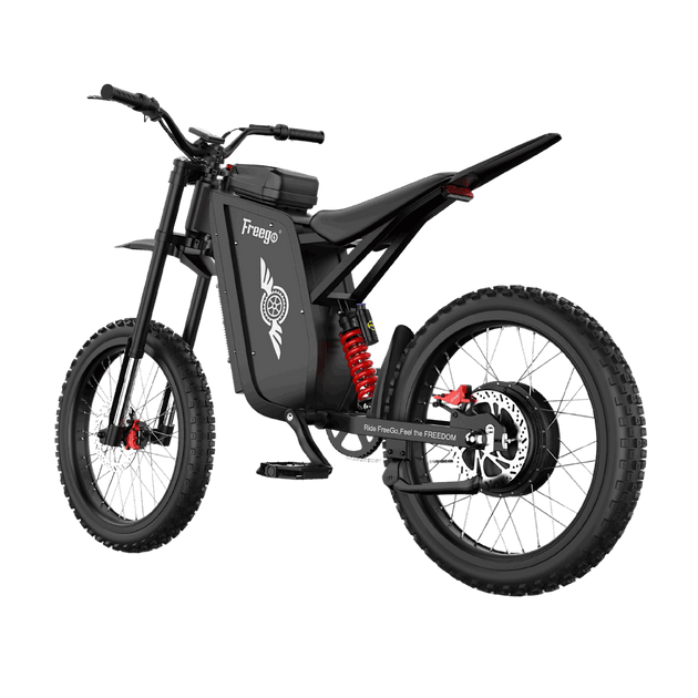 Rear three-quarter view of Freego X3 e-bike showing the high-strength steel frame and all-terrain tires.