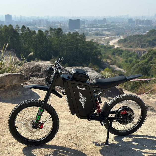 Freego X3 electric dirt bike (with pedals) parked on a rocky hill, city skyline and forested backdrop visible; brand logos and rugged tires on display.