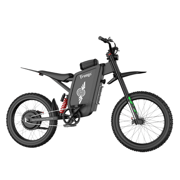 Side profile of Freego X3 electric dirt bike with 19-inch spoke wheels and dual hydraulic suspension.