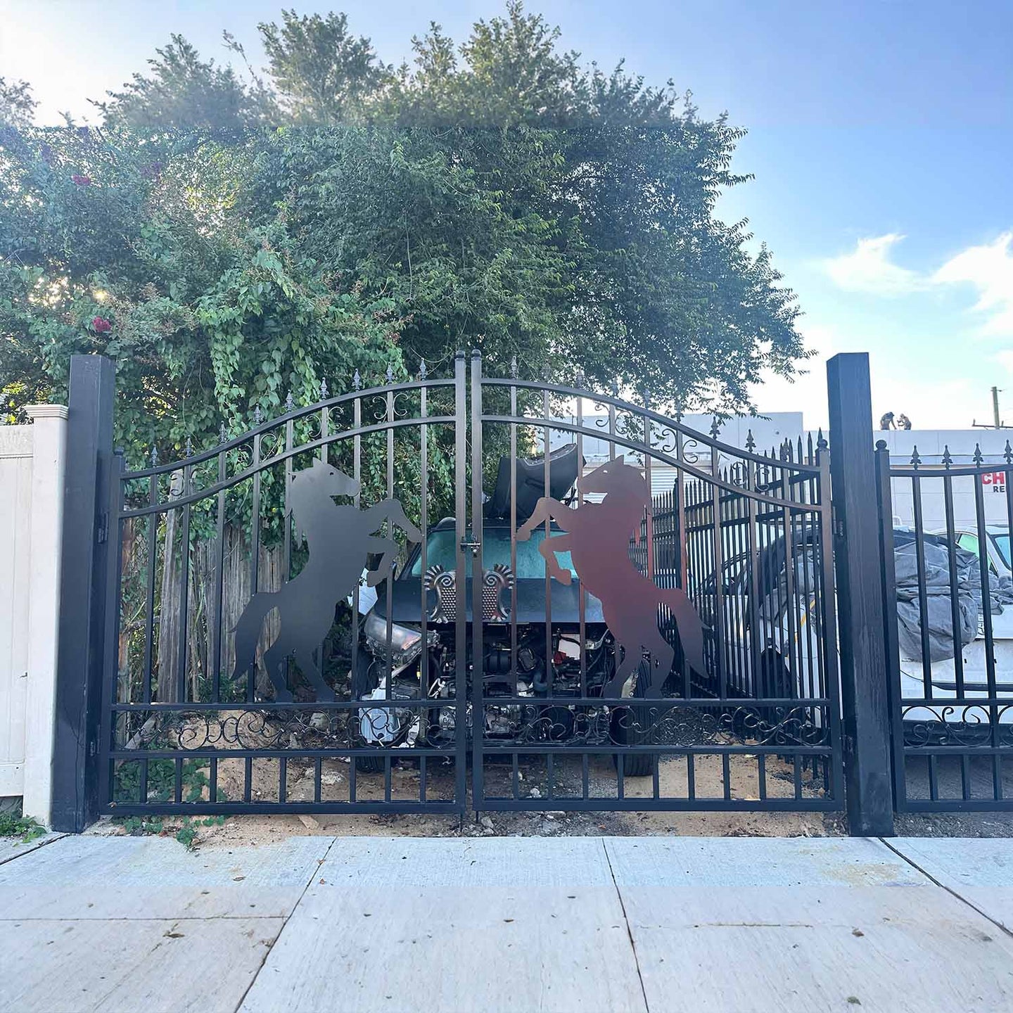 Chery Industrial 14x8 ft Steel Dual Swing Driveway Gate with Horse Pattern